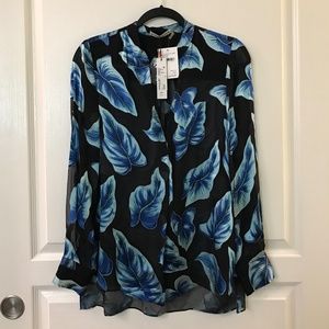 Alice & Olivia Sheer Black w/ Blue Leaves Blouse